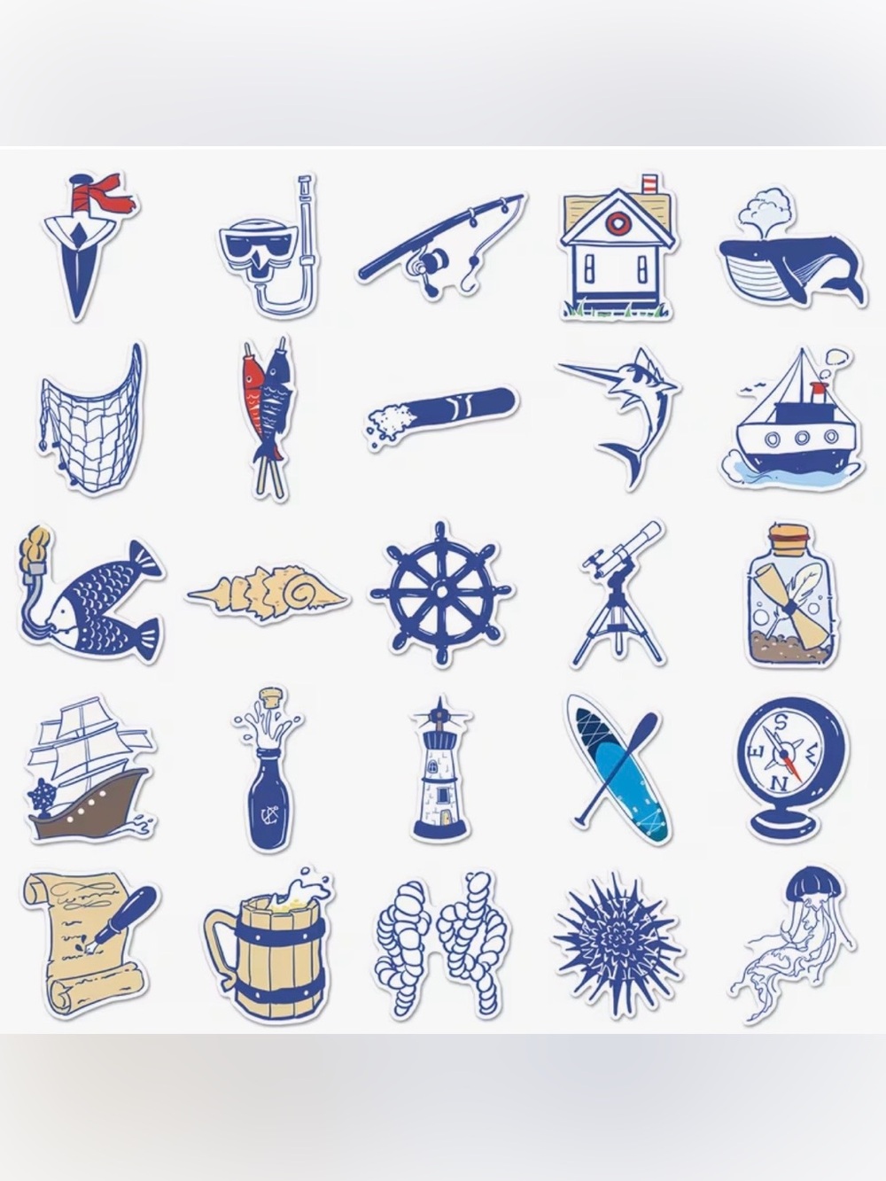 50 Blue White Nautical Stickers Anchor Ship Sailor Fish Lighthouse Rope Shell - Picture 3 of 16